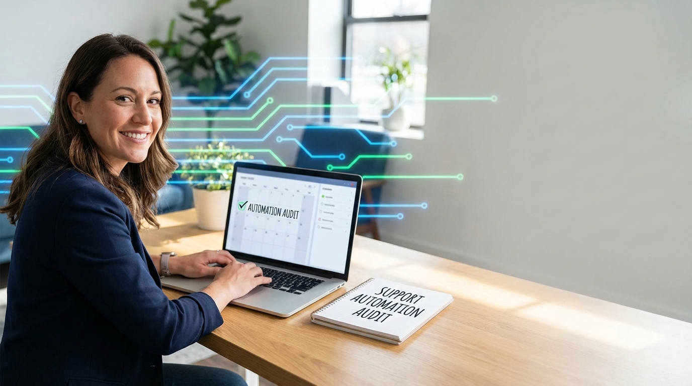 Small business owner planning a support automation audit on a laptop with checklist and calendar, AI automation theme