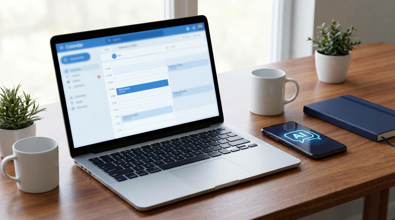 Book an AI automation planning call concept image with a calendar booking screen and AI assistant icon on a modern desk