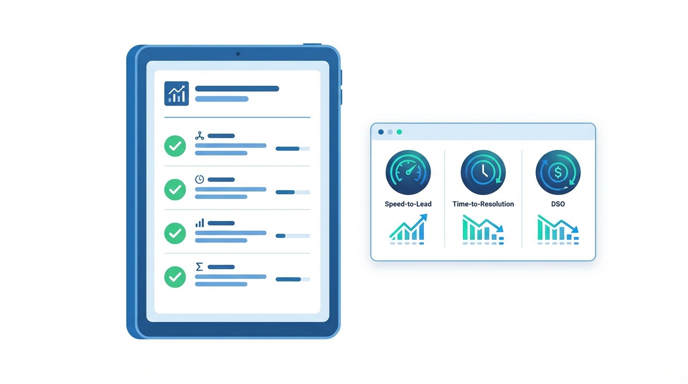 30-day AI automation pilot checklist with KPI dashboard for speed-to-lead, support resolution time, and cash flow metrics