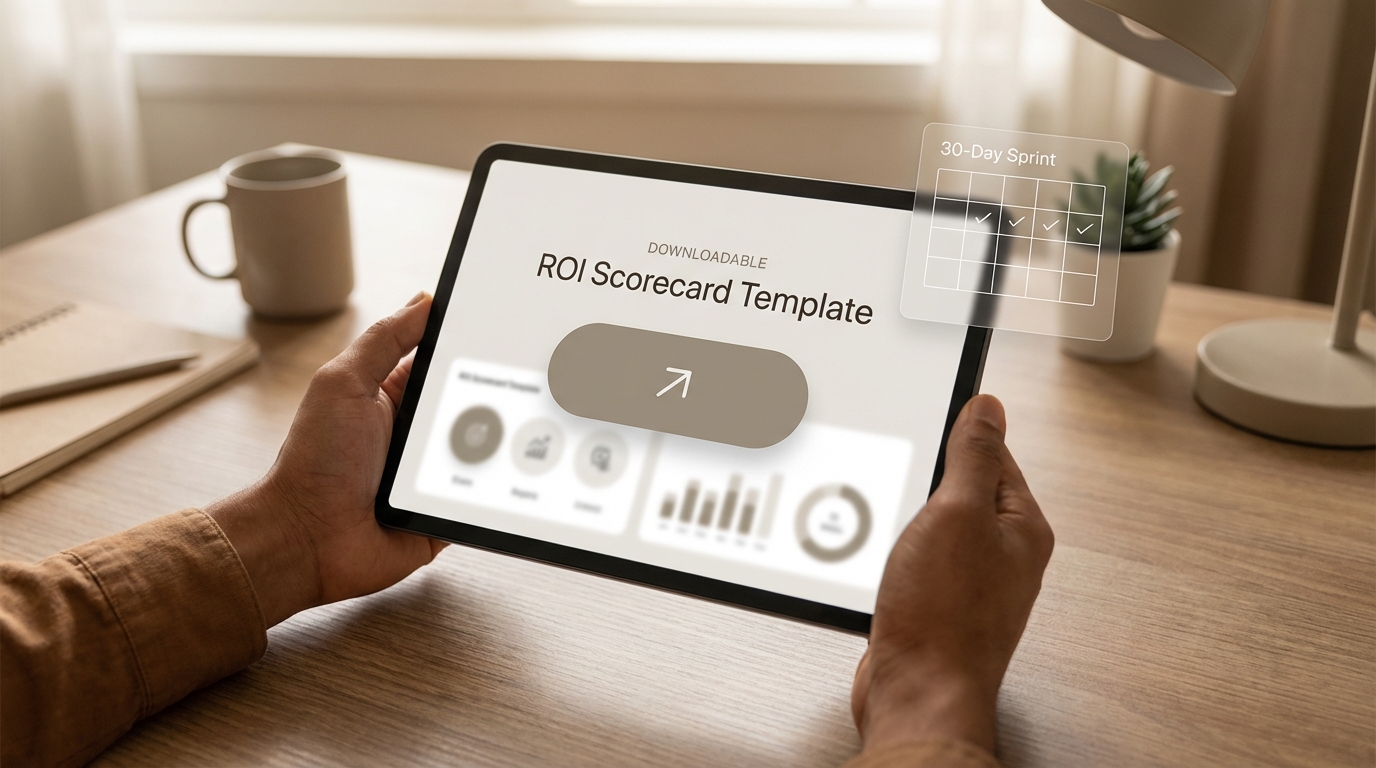 Hands holding a tablet with an AI ROI scorecard template download concept for a 30-day automation sprint