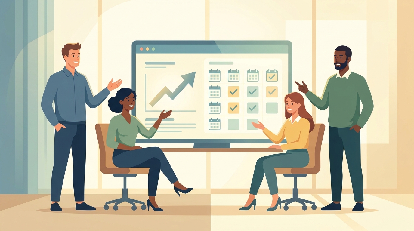 Small business team reviewing an AI automation ROI scoreboard and 30-day implementation plan on a dashboard.