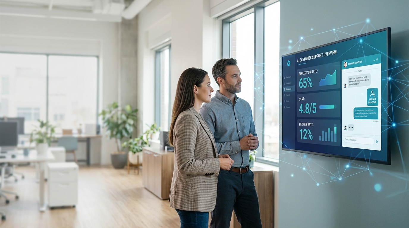 AI customer service dashboard in a modern small business office showing support automation metrics and human handoff