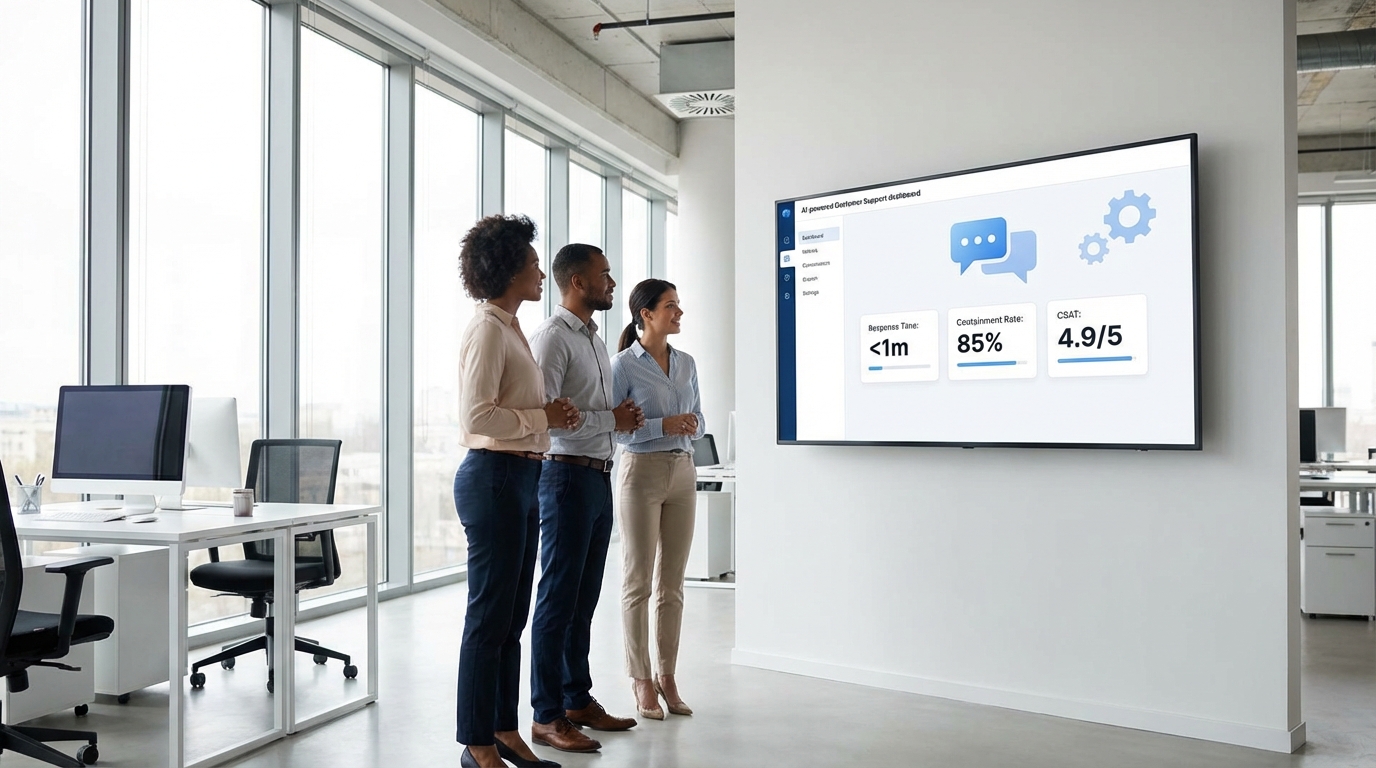 AI customer service automation dashboard in a modern small business office showing support KPIs like response time, containment rate, and CSAT