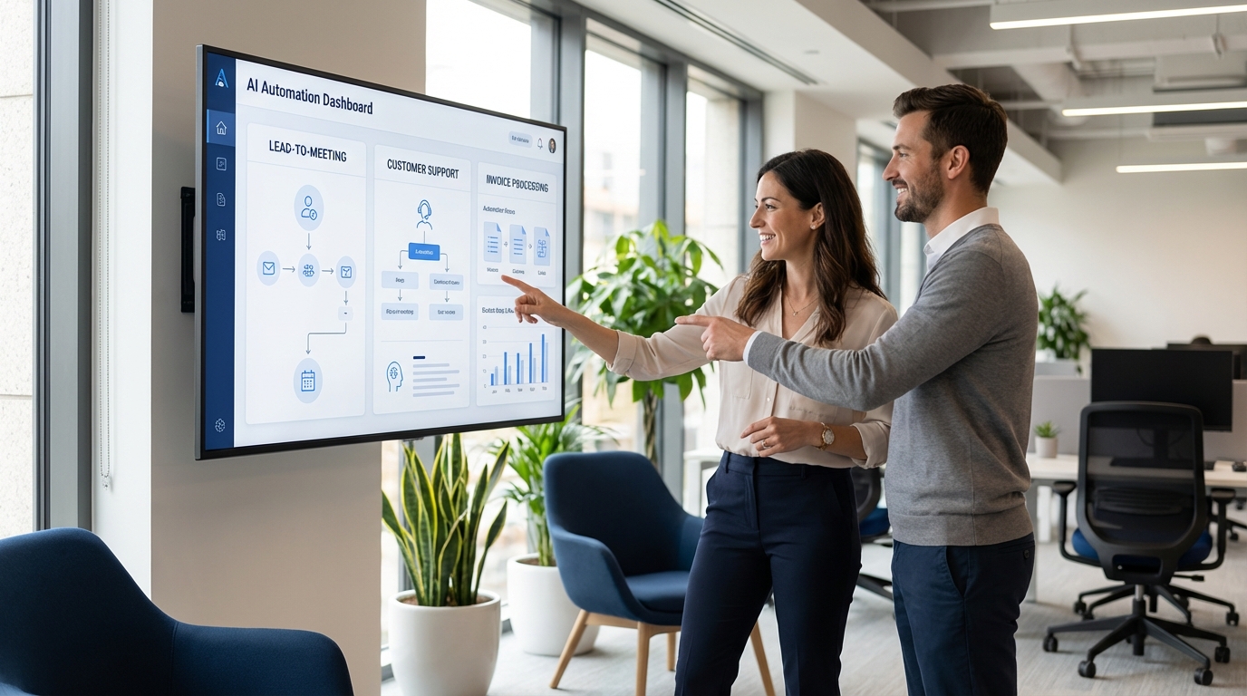AI automation for small business featured image showing a team reviewing an AI workflow dashboard for leads, support, and invoicing in a modern office