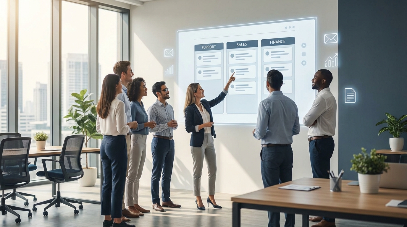 Professional small business team reviewing an AI automation workflow dashboard for support, sales, and finance