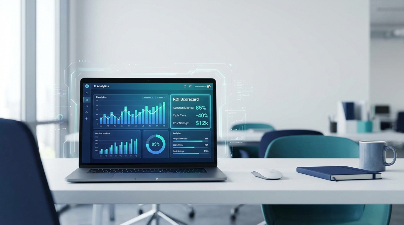 AI ROI dashboard on a laptop showing automation metrics for a small business (adoption, cycle time, and cost savings)