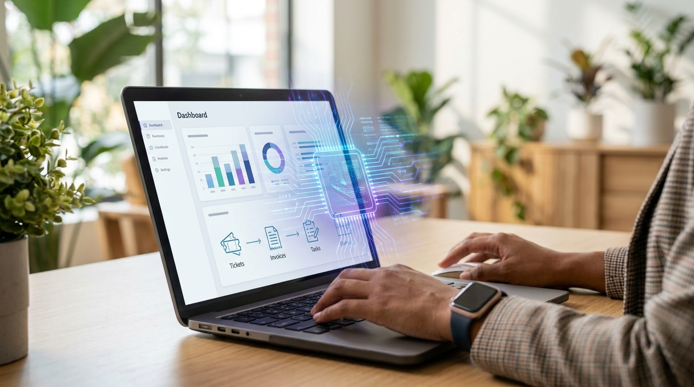 Small business owner workspace with an AI workflow automation dashboard showing support, invoice, and sales processes.