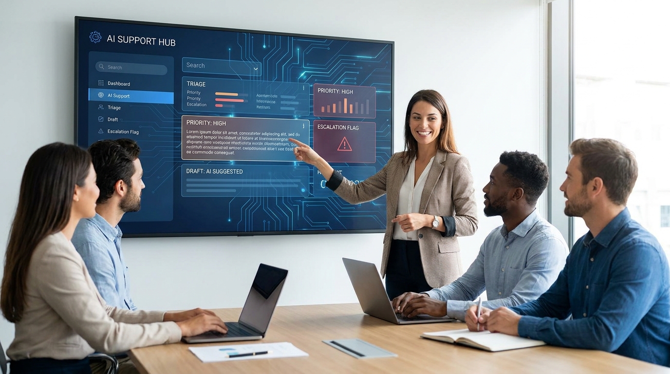 Small business support team reviewing an AI-assisted customer inbox dashboard with triage labels, drafted replies, and escalation flags