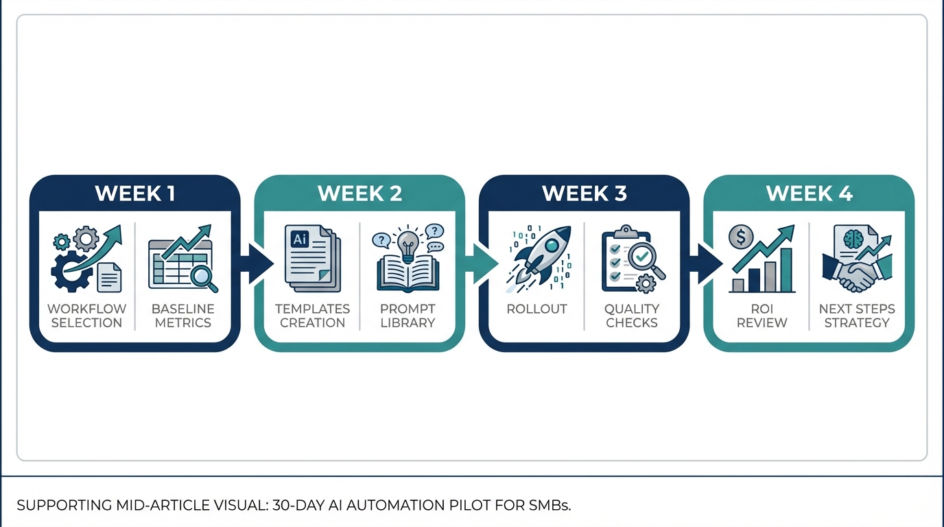 30-day AI automation pilot timeline for small business workflows (Week 1 baseline, Week 2 templates, Week 3 rollout, Week 4 ROI review)