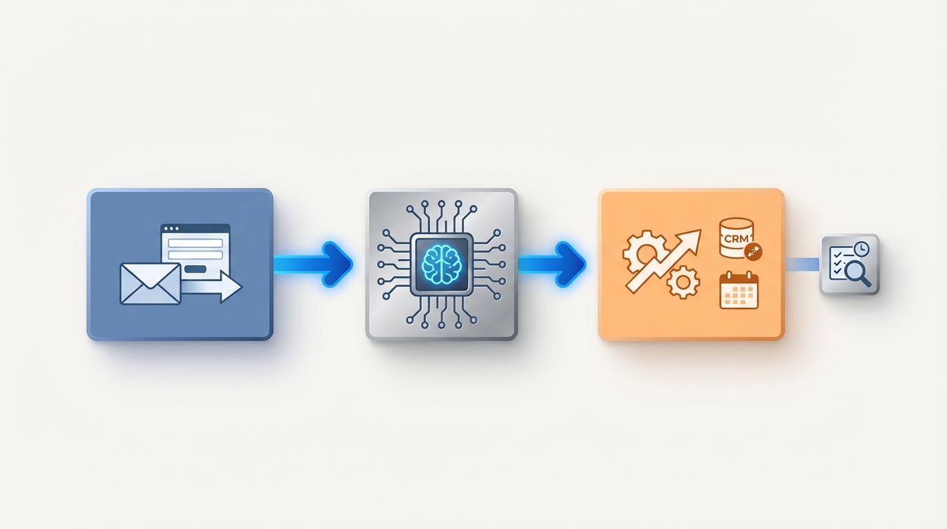 AI workflow automation for small business diagram showing trigger, AI decision layer, actions, and audit logging