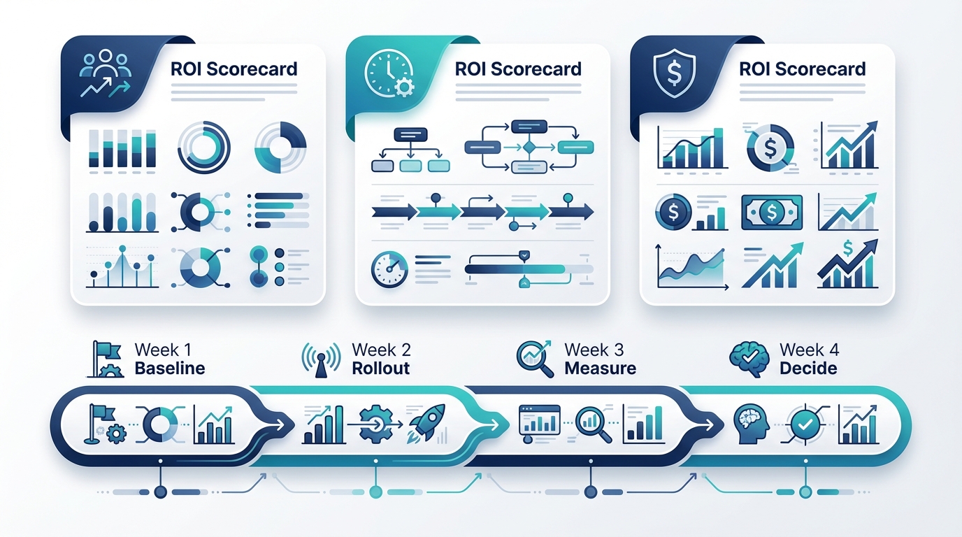 AI ROI scorecard infographic showing adoption, operations, and financial metrics with a 30-day rollout timeline