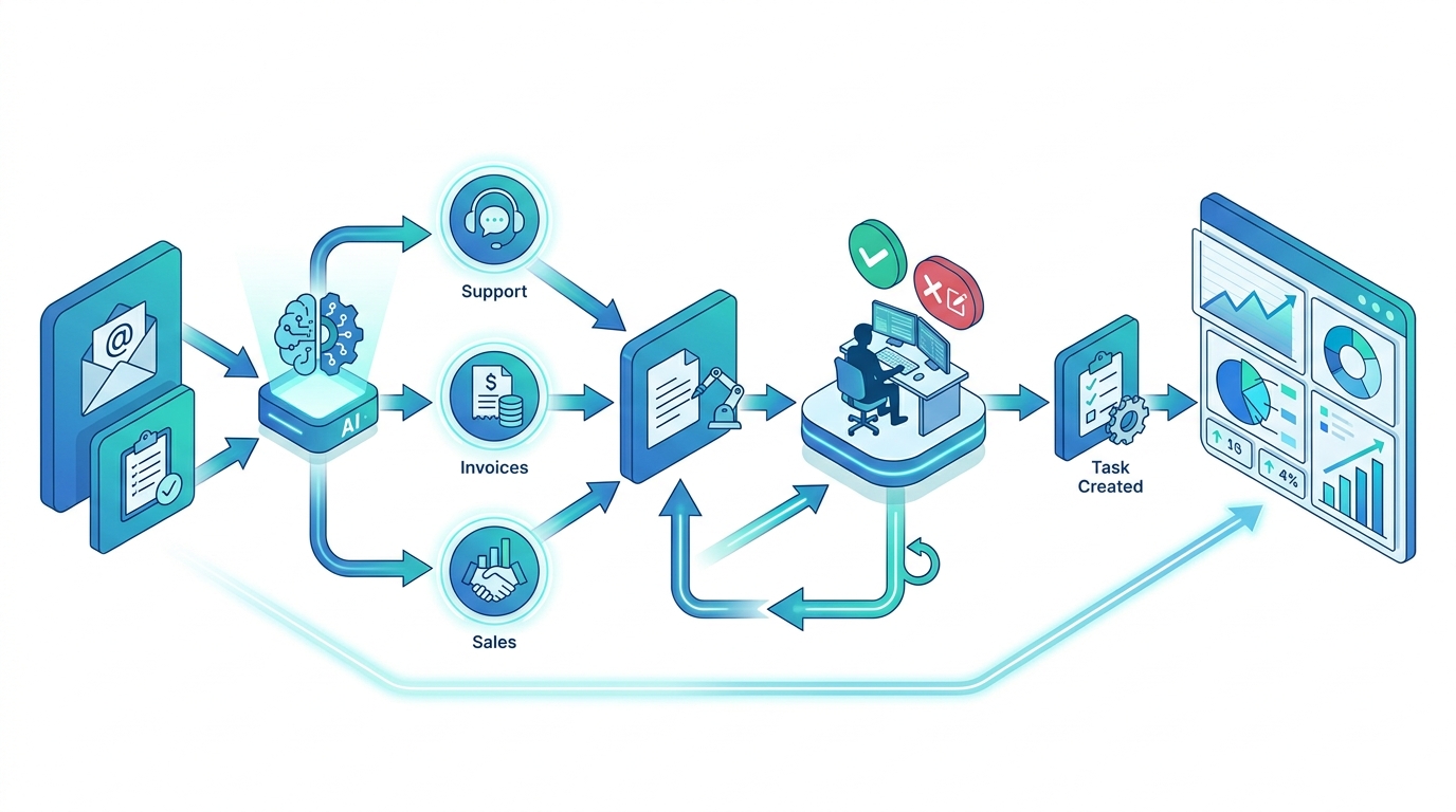 Human-in-the-loop AI workflow automation diagram showing intake, classification, drafting, approval, task creation, and KPI dashboard.