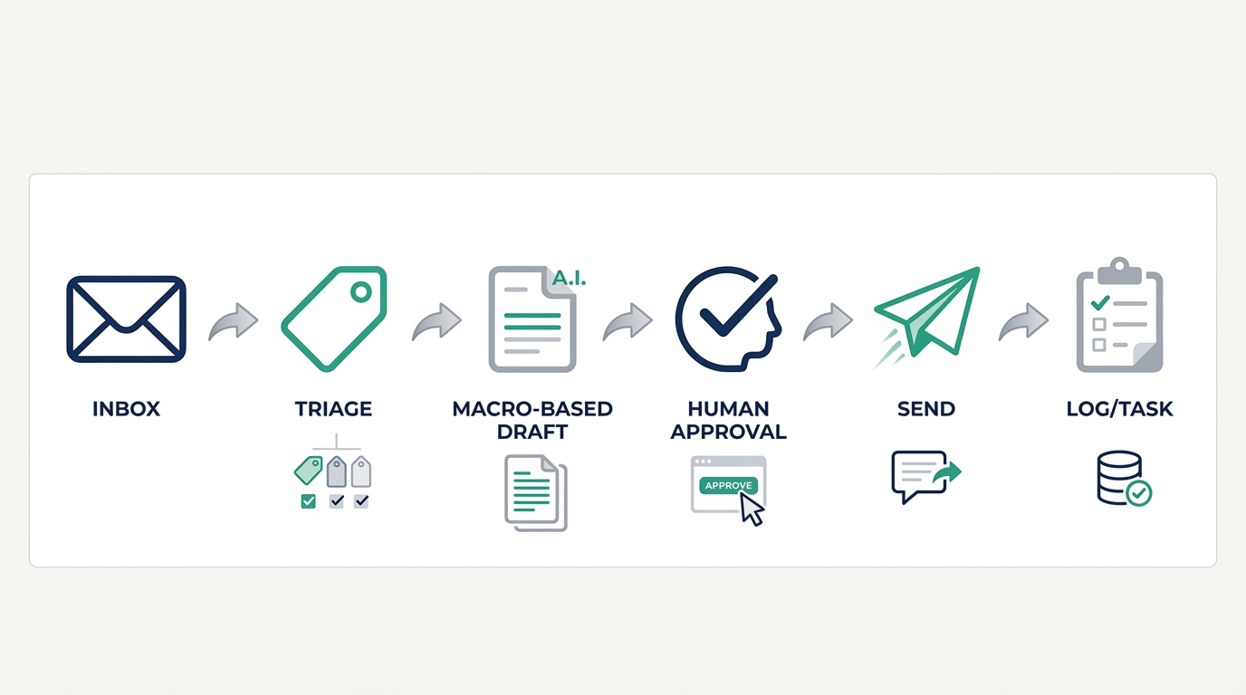 AI customer support automation workflow for small business showing inbox triage, macro-based drafting, human approval, sending, and logging tasks