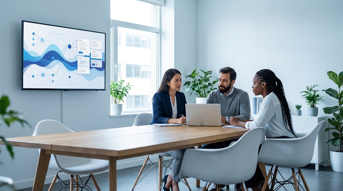 Team in a modern small-business office reviewing an AI automation dashboard to streamline sales, support, and operations.