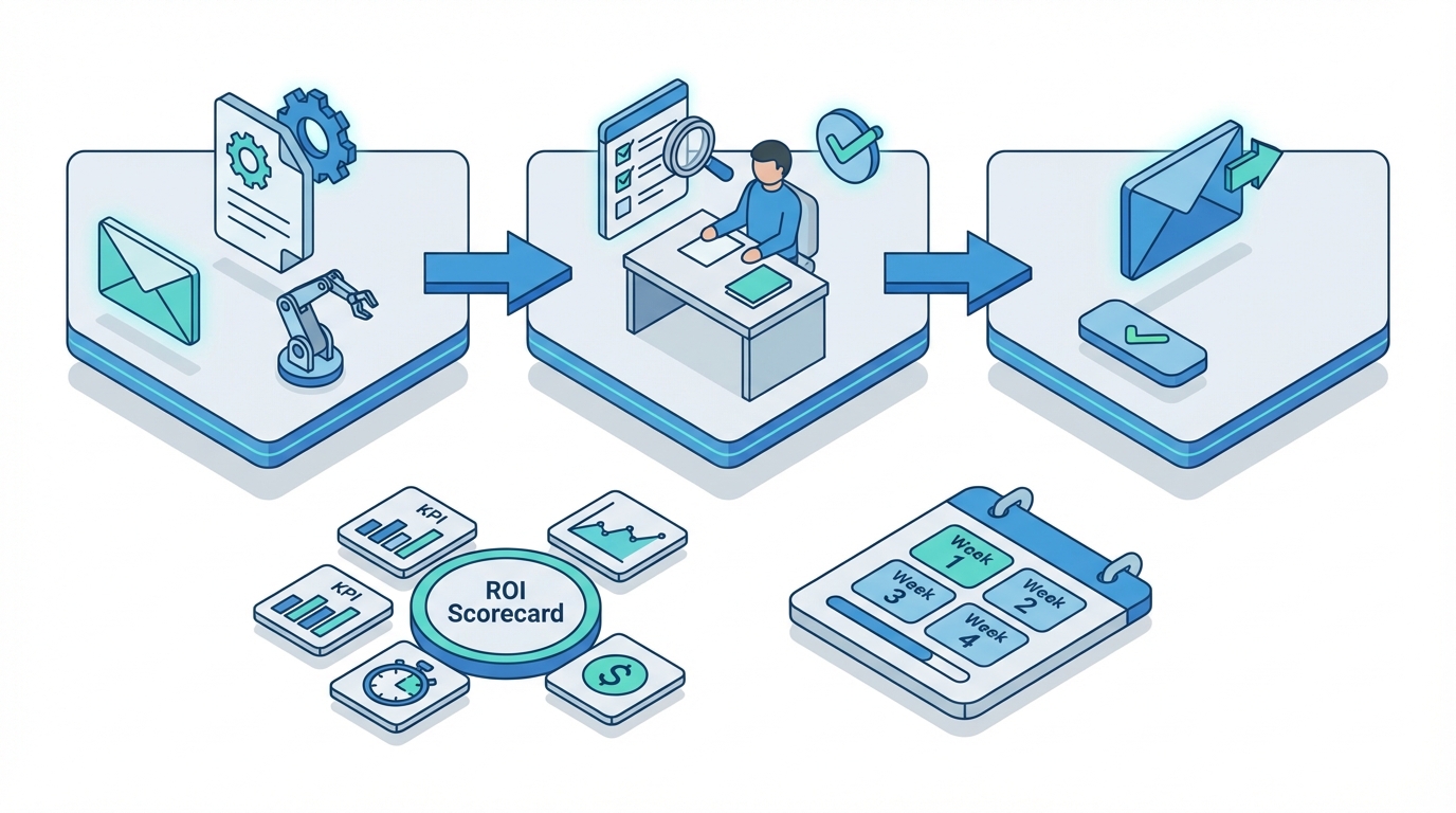 Human-in-the-loop AI automation workflow (draft, review, send) with KPI and ROI scorecard for small business process automation.